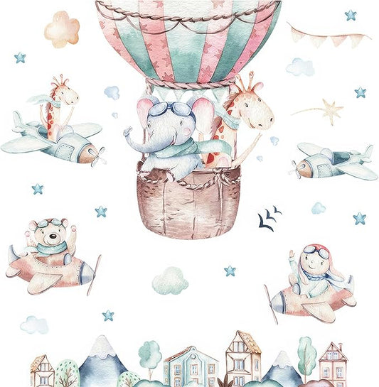 Ollaland Flying Animals Wall Decals - Peel and Stick Hot Air Balloon Animals Wall Stickers, Aircrafts Decor for Baby Nursery, Toddler & Kids Bedroom Walls - Airplanes, Elephant, Giraffe, Bear