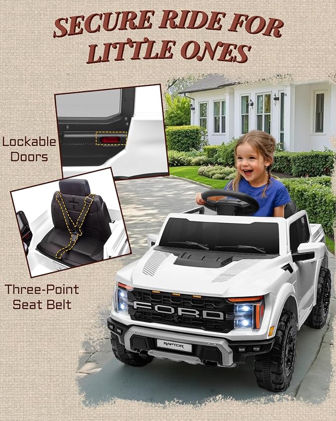 First Ride On Licensed Ford F-150 Raptor 12V Kids Ride on Truck, Ride on Toys for Toddlers with Remote Control, Electric Car for Kids with Truck Bed Storage, Smooth Start, Music, Bluetooth (White)