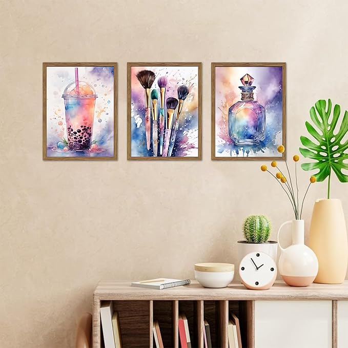 Framed Teen Girls Bedroom Wall Art Set of 3, Pink and Purple Splash Canvas Prints, Makeup Enthusiast Pictures Posters, Drinks Cosmetic Wall Decor for Teenage Girl Room Decor – 16x24 inch