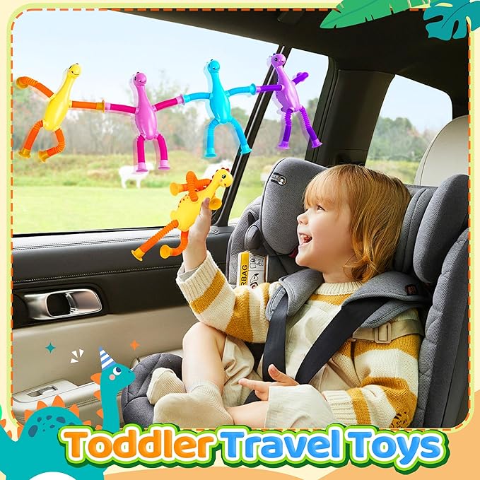 4Pcs Dinosaur Valentines Day Gift for Kids Airplane Travel Toys for Toddlers Kid Boys Girls Sensory Suction Tube ADHD Autism Road Trip Car Activities Essential Chirstmas Stocking Stuffers Gifts