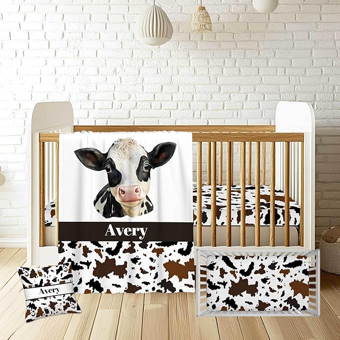 Custom Farm Cow Nursery Bedding Set – Personalized Name 3-Piece Crib Set for Baby Boys, Soft Blanket, Fitted Sheet & Pillowcase – Shower Gift for Baby & Nursery Decor