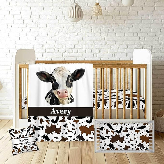 Custom Farm Cow Nursery Bedding Set – Personalized Name 3-Piece Crib Set for Baby Boys, Soft Blanket, Fitted Sheet & Pillowcase – Shower Gift for Baby & Nursery Decor