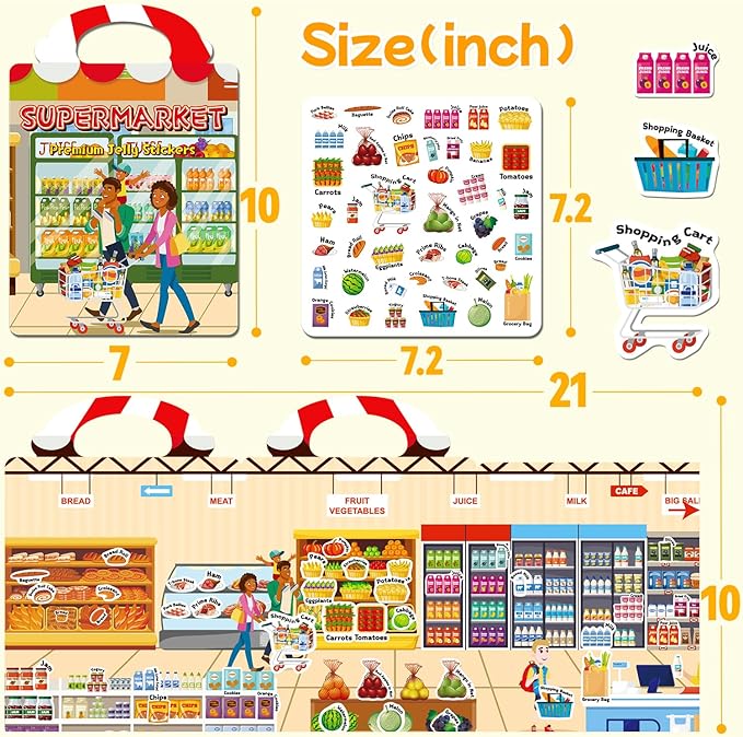 CREATIVETREES 3 Sets of Reusable Jelly Stickers Books - Perfect for 3-6 Year Olds Jelly Stickers Books - Airplane and Car Travel Toys Educational Gifts for Boys and Girls（Beach+Supermarket+Party）