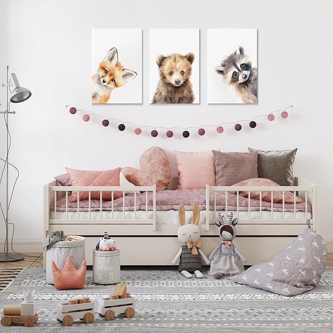Adorable Bear Fox Raccoon Nursery Wall Decor, 3 Piece Baby Animals Art Poster for Baby Boy Girl Room Decor, Woodland Nursery Wall Art, Funny Kid Prints, Framed Canvas Set, 12"x16"x3