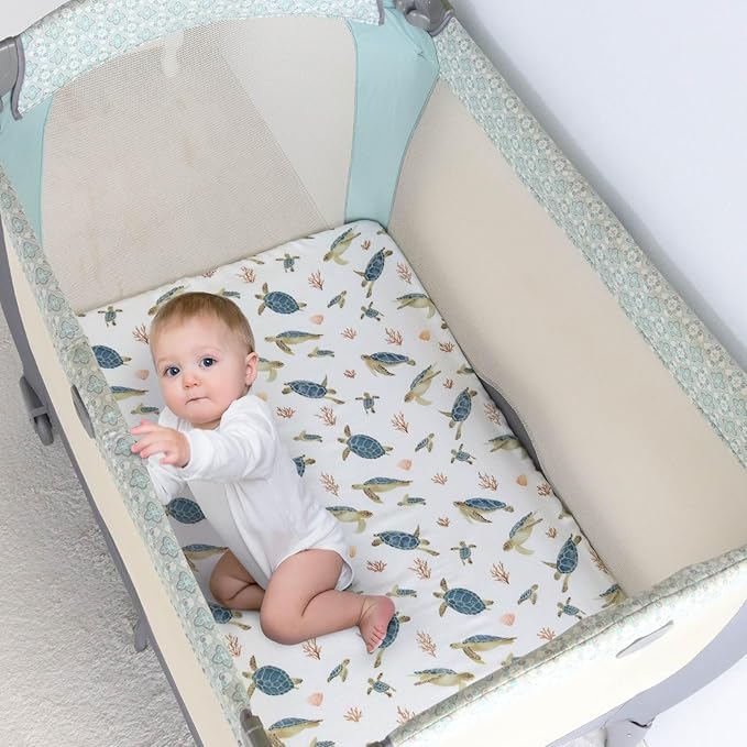 LifeTree Crib Sheets for Baby Unisex - Muslin Fitted Crib Sheets Toddler Bed Sheet, 70% Viscose from Bamboo and 30% Cotton, Fits Mini Crib & Pack and Play Playard, Sea Turtle, 26in x 38in