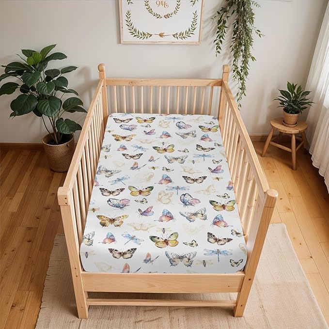 Boho Butterflies Dragonflies Baby Crib Sheets for Boy Girl 52x28Inch Vintage Butterflies Soft Stretchy Fitted Crib Mattress Cover Garden Baby Sheet for Standard Crib and Toddler Bed Mattress