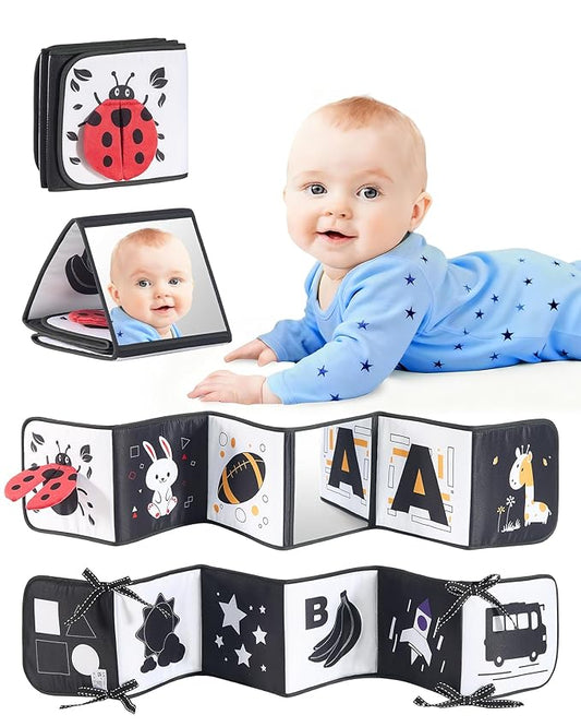 High Contrast Black and White Baby Toys for Newborn 0-6 Months – Contrast Cards & Sensory Baby Book with Mirror – Tummy Time Infant Toys for Visual Stimulation, Early Learning & Brain Development