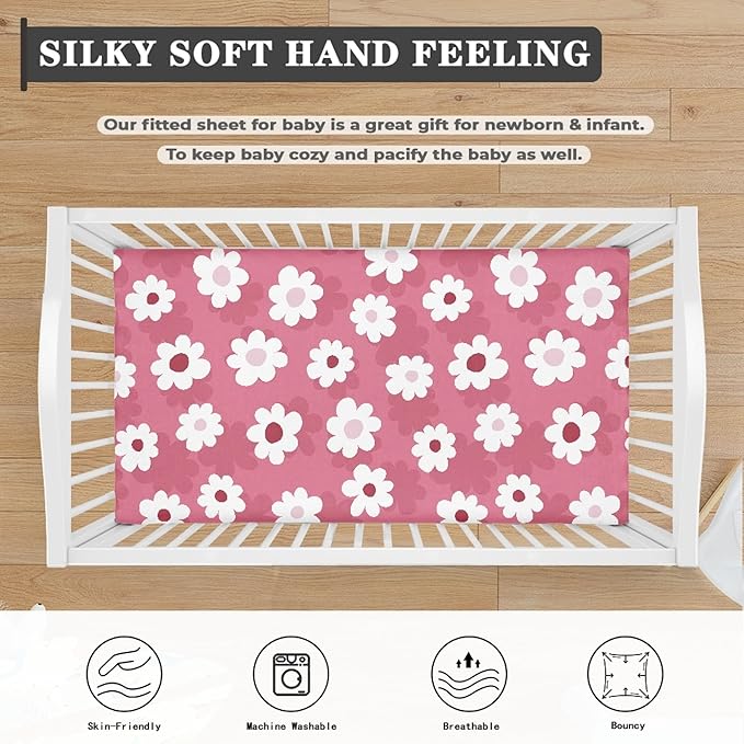 Pink Daisy Fitted Crib Sheet for Boys Girls Floral Traditional Folk Art Flower Baby Sheet for Standard Crib and Toddler Cute Nursery Bed Mattress Sheets 28"x52"
