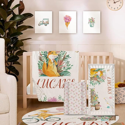 Custom Name Crib Bedding Set, Personalized Fox Baby Bedding 5-Piece Set with Soft Blanket Fitted Sheet Changing Pad Cover Rug and Wall Art, Cute Forest Animal Nursery Decor for Newborn Boys Girls