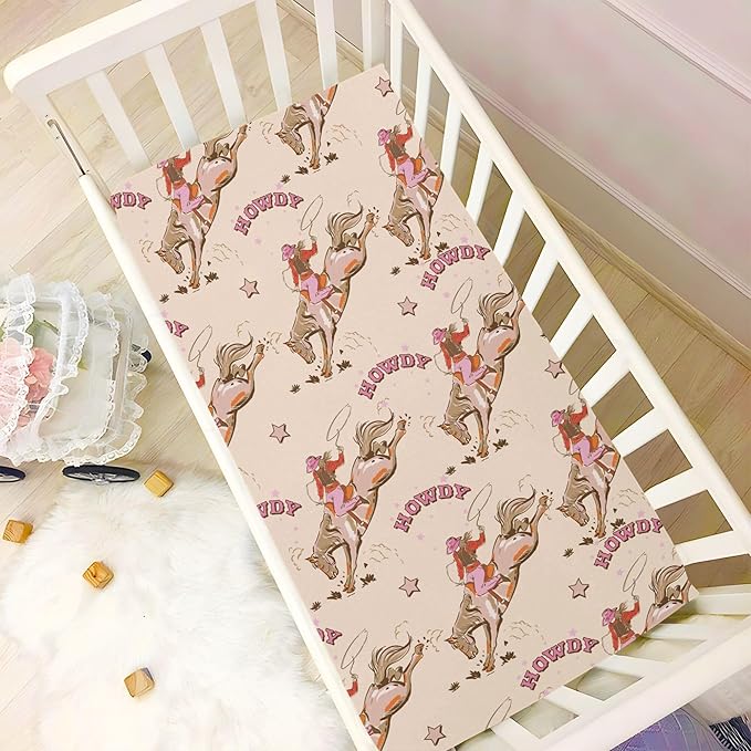 Cowgirl Western Vintage Crib Sheets Soft Breathable Fitted Baby Crib Sheets Mattress Cover for Girl Boys, 52" x 28" x 9"