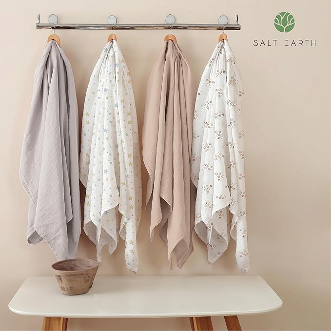 Salt Earth GOTS Certified 100% Organic Cotton 2-Layered Swaddle Baby Blanket, 4 Pack, 47"x 47" Receiving Blankets for Swaddling, Wrap for Boy & Girl, Newborn Baby Essentials, Registry (Solids & Stars)