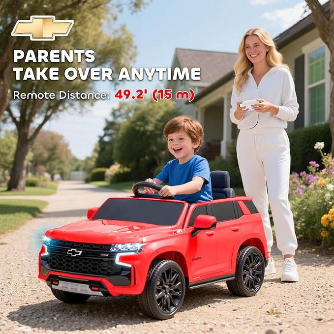 Aosom Licensed Chevrolet Tahoe Ride On Car, 12V 7AH Battery Power Ride On Toy with Parent Remote Control, LED Lights, Music, 4 Wheeler Suspension, 3 Speeds, Kids Electric Vehicle for Aged 3+, Red