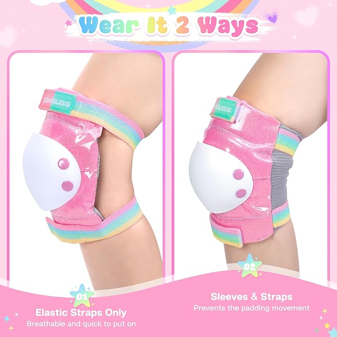 Knee Pads for Kids - ZOOBLISS Toddler Knee and Elbow Pads Set Wrist Guards for Skating Girls Aged 3-12, Kids Protective Gear for Roller Skates Skateboard Bike Scooter, Included Drawstring Bag(Rainbow)