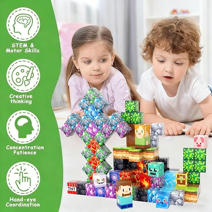 UGY 100PCS Magnetic Blocks - Build Mine Magnet World, Magnetic Building Blocks for Kids Ages 4-6 6-8 8-12, STEM Educational Sensory Toys for Boys & Girls