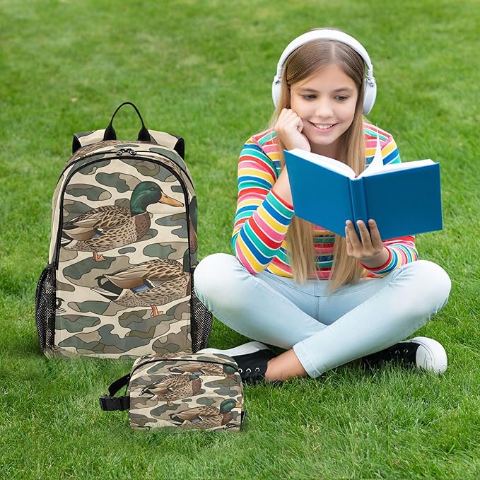 Jucciaco Duck Camo Camouflage Backpack with Lunch Bag for Boys Girls, Travel School Backpack Set