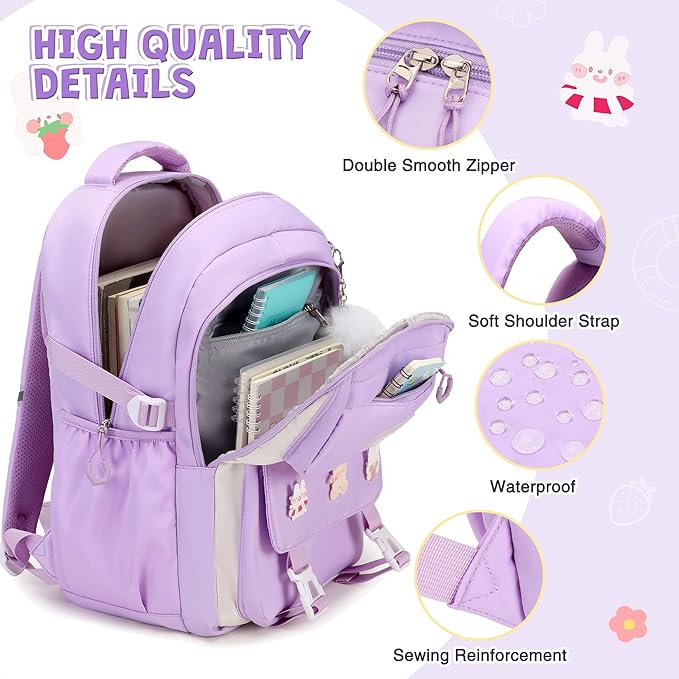 DIGOBAY 3PCS Girls Backpack for School, Kids Backpack for Girls with Lunch Box Pencil Case Set for Teen Girl Elementary Primary Middle High College School Bookbag with Cute Pins (Purple)
