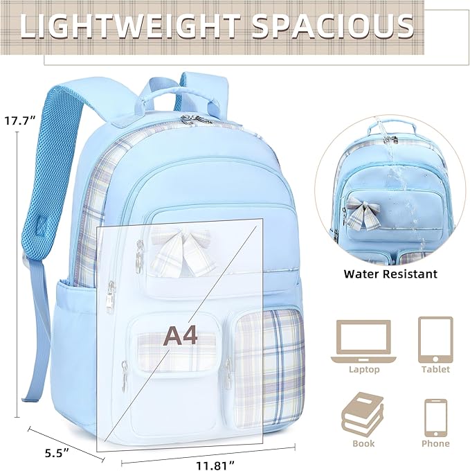 KIDNUO Backpack for Girls,School Backpacks for Teen,Cute College Bags for Women Students Large Bookbag 15.6 Inch Laptop Bag Back Pack Kids Kindergarten Elementary Casual Travel Daypacks Blue