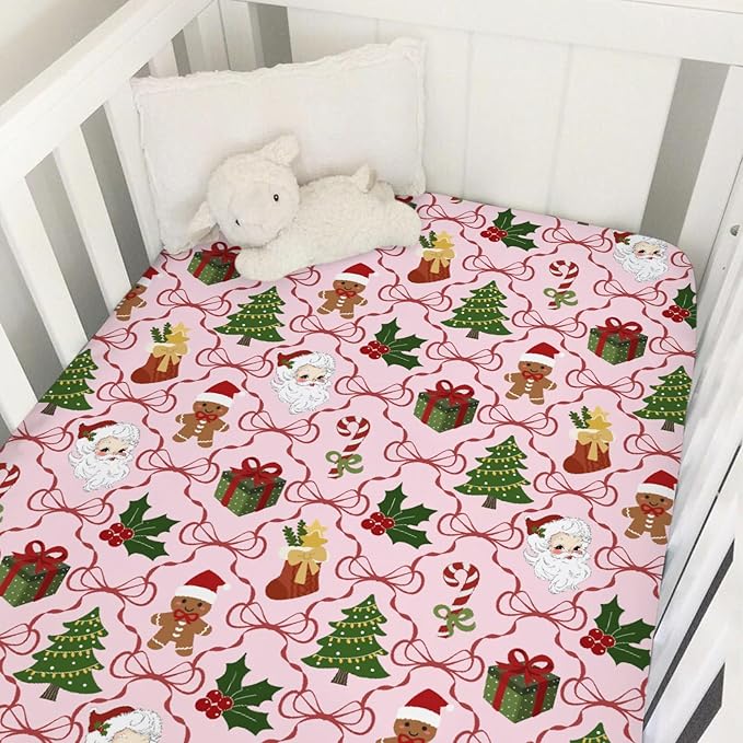 Pink Santa Christmas Bows Baby Crib Sheets for Boy Girl Retro Christmas Trees Stockings Fir Gifts Soft Snug Fitted Crib Mattress Covers for 52x28 Standard Crib & Toddler Mattress Winter Baby Sheets