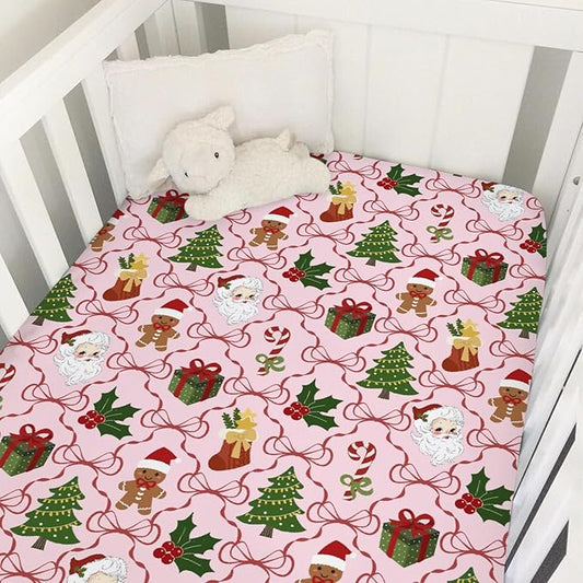 Pink Santa Christmas Bows Baby Crib Sheets for Boy Girl Retro Christmas Trees Stockings Fir Gifts Soft Snug Fitted Crib Mattress Covers for 52x28 Standard Crib & Toddler Mattress Winter Baby Sheets