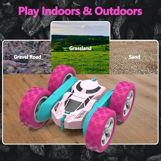 Pink Remote Control Car for Girls, 360° Flipping Stunt Car with LED Headlights, Rechargeable 4WD Electric Toy Vehicle, Princess Gift for 6 7 8 9 10 11 Year Old Girls, Birthday & Christmas Toy