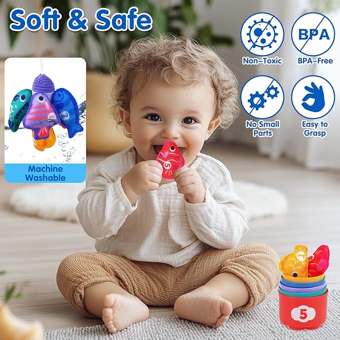 Montessori Toys for 1 Year Old - Cloth Fishing Game with Stacking Cups Toddler Toys for One Year Old Boy Girl First Birthday Gift - Sorting Learning Baby Toy 12-18 Months 1 2 Year Old