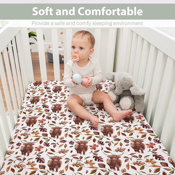Autumn Highland Cow Fall Leaves Baby Crib Sheets for Boy Girl 28"x52" Yak Maple Leaves Soft Snug Fitted Crib Mattress Cover Thanksgiving Farm Animal Baby Sheet for Standard Crib & Toddler Bed Mattress