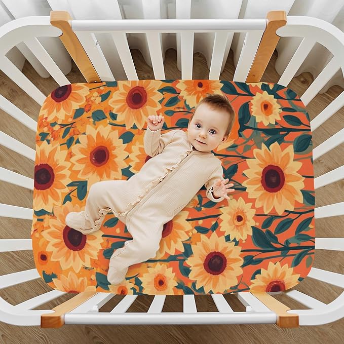 Orange Sunflowers and Poppy Flowers Crib Sheets Standard Crib Toddler Mattresses Cover Fitted Baby Bed Sheet Breathable Crib Mattress Sheet for Girls Boys 52" x 28"x5''