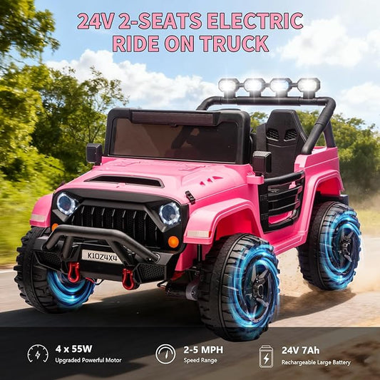 24V Ride on Toys for Big Kids, 2 Seater Ride on Car w/Remote Control, 4x4 Ride-on Truck with 4 Motors, 3 Speeds Adjustable, 4 LED Lights, Bluetooth & Music, Electric Car for Kids Toddlers 3-8, Pink