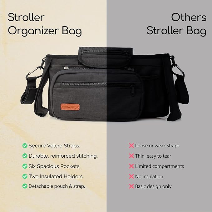 My lil Aviator Universal Stroller Organizer Bag with 2 Insulated Cup Holder, Durable Detachable Phone Bag and Shoulder Strap – Fits for Pet Stroller Caddy, Uppababy, Baby Jogger, Britax, Doona, Nuna
