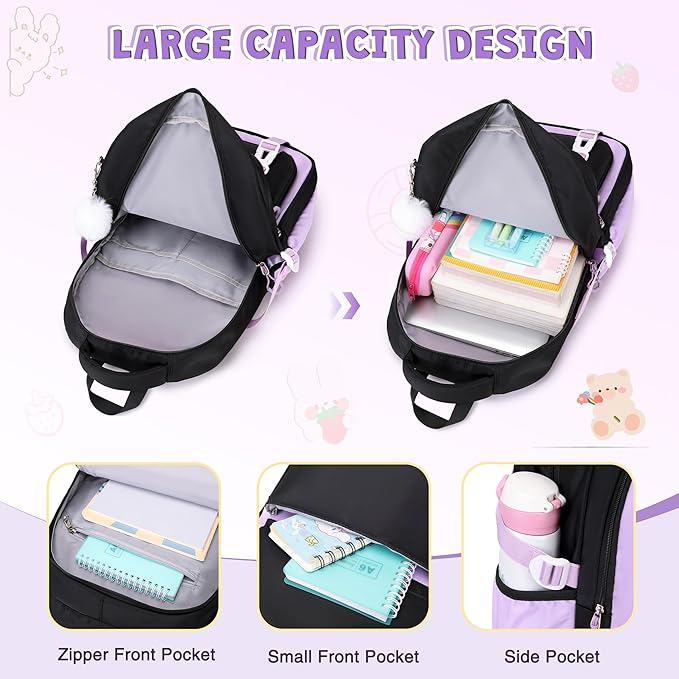 DIGOBAY 3PCS Girls Backpack for School, Kids Backpack for Girls with Lunch Box Pencil Case Set for Teen Girl Elementary Primary Middle High College School Bookbag with Cute Pins (Black-Purple)