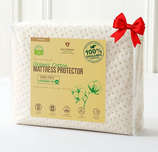Luxury Waterproof Organic Mattress Protector Twin XL - Organic Cotton Breathable Mattress Pad Cover - Premium 380 GSM Comfort - Deep Pocket - Jersey Cotton Skirt - Fitted Design