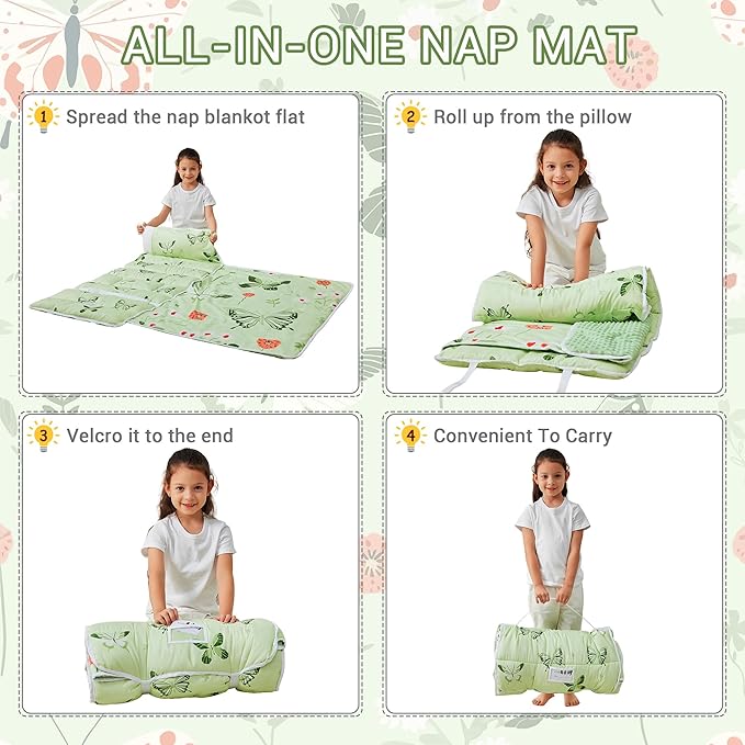 Toddler Nap Mat with Pillow and Blanket, Extra Large Rolled Napping Mats,Slumber Bags for Boys Girls,Kids Sleeping Bag for Daycare, Preschool Travel Camping