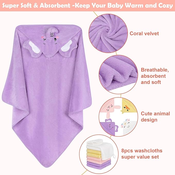 CandyHome 12 PCS Baby Bath Towels for Infants Toddlers, 4 PCS Animal Hooded Baby Towels & 8 PCS Washcloths Set, Ultra Absorbent Soft Cute Newborn Essential Gift for Boys & Girls