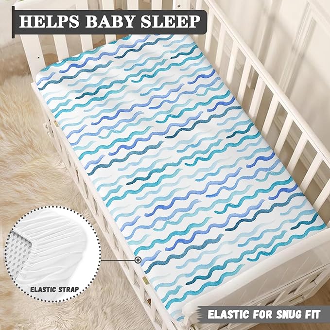 Blue Wave Fitted Crib Sheet for Boys Girls Nautical Pastel Colored Ocean Sea Waves Baby Sheet for Standard Crib and Toddler Cute Curve Nursery Bed Mattress Sheets 28"x52"