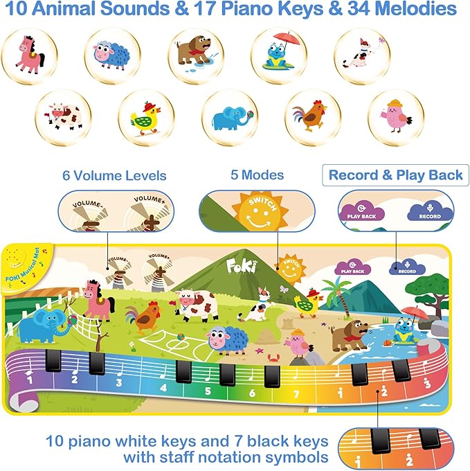 FOKI Toddler Toys Floor Piano Mat with 61 Animal Music Sounds, Baby Kid Sensory Educational Dancing Musical Keyboard Carpet Toy, Record Playback, for 1 to 5 Years Old Boy and Girl