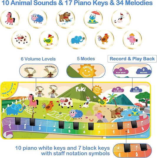 FOKI Toddler Toys Floor Piano Mat with 61 Animal Music Sounds, Baby Kid Sensory Educational Dancing Musical Keyboard Carpet Toy, Record Playback, for 1 to 5 Years Old Boy and Girl