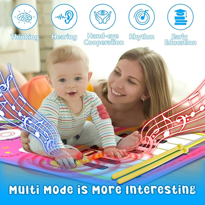 2-in-1 Musical Mat Toys for 1 2 3 4 5 Year Old, Piano Keyboard & Drum Set with 2 Drum Sticks, Early Educational Musical Learning Toys Birthday for 1 2 3 4 5 Year Old Girls & Boys, Pink
