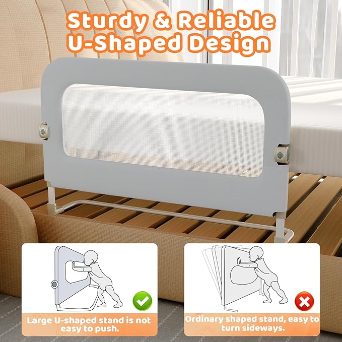 omzer Bed Guard Rail for Toddlers - 47inch Foldable & Adjustable Height Baby Bed Safety Side Rails - Large Toddler Crib Railing Guard for Twin, Bunk, Full Size, Queen & King, Full Size Bed Grey