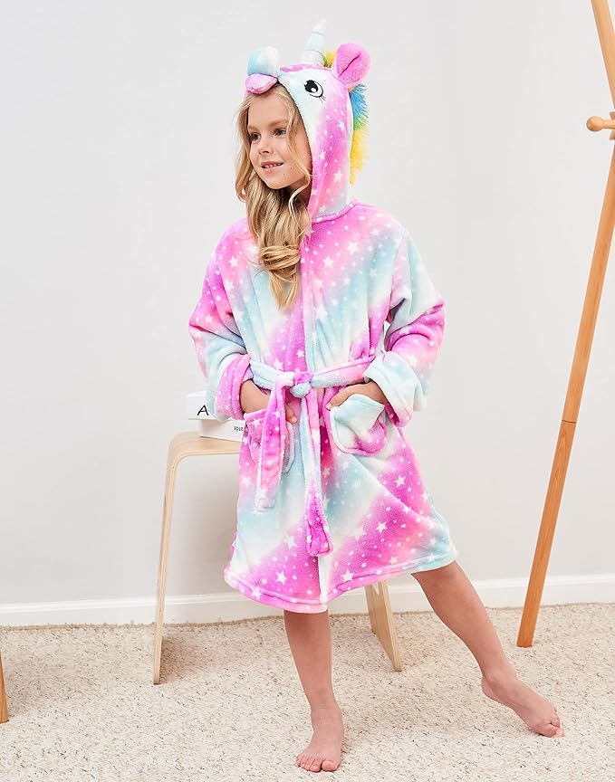 Soft Unicorn Hooded Robe with Matching Slippers Headband and Blindfold for Girls