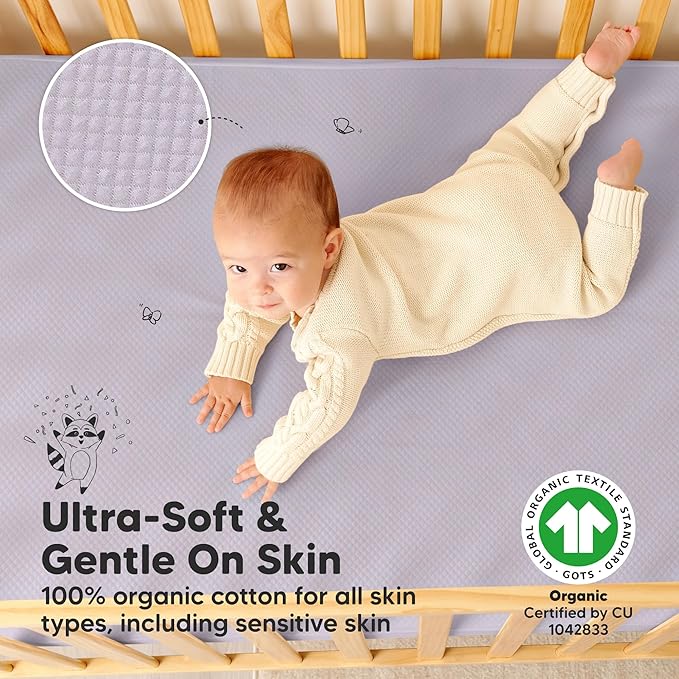 2-Pack Waterproof Crib Mattress Protector Cover Fitted - Quiet Baby Crib Mattress Pad Sheets, 52" x 28" Soft Quilted Cotton Baby Sheet, Machine Washable, Easy Fit, Durable (Thistle/Quin)