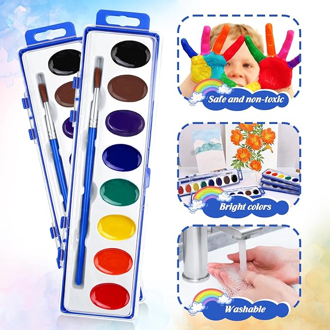 FUMILE Watercolor Paint Set Bulk,2 Pack,8 Colors Watercolors Paint with Paintbrush.Washable Watercolor Paint Set Kids for Parties,Birthday Party Favor,valentines for kids classroom.