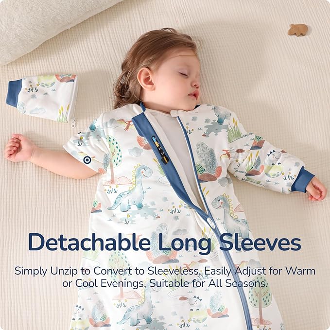 Baby Sleep Sack 3–6 Months, 2.5 TOG Warm Cotton Sleep Sack with Detachable Long Sleeves, Winter Wearable Blanket for Cold Nights, 2-Way Zipper Toddler Sleeping Sack, Dinosaur
