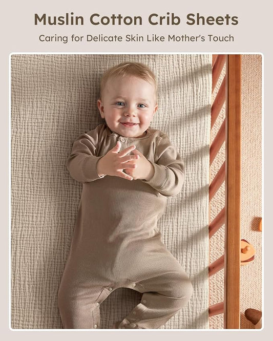 Muslin Crib Sheets for Boys Girls, 100% Cotton Fitted Crib Sheet 2 Pack for Standard Crib and Toddler Mattress, Breathable Soft Baby Sheet 28x52x8in Beige & Khaki
