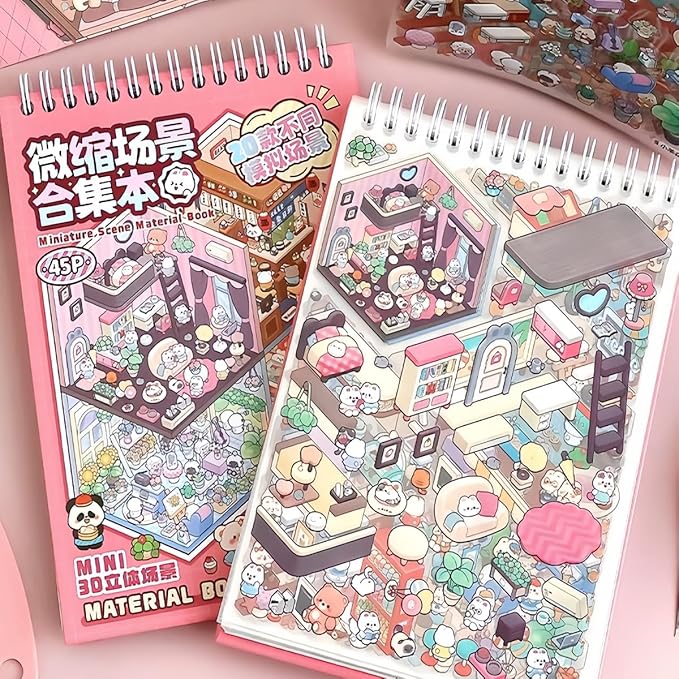 20 Sets 3D Sticker Therapy Scene Material Book,DIY 3D House Stickers Set for Adults,Rich Collection of 3D Space Stickers and Storage Spiral Notebook,Room Stickeer Book for Adults Kids