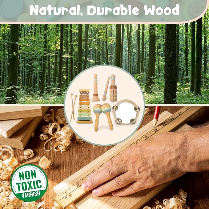 Stoie's Wooden Toddler Musical Instruments with Xylophone, Maracas, Triangle, Tamburine for Babies and Kids, Eco Friendly Montessori Educational Toy