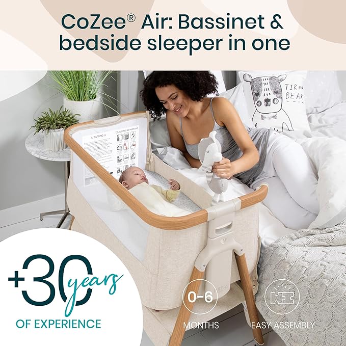 Tutti Bambini CoZee® Air Baby Bassinet & Bedside Sleeper - Rocking Bassinet for Baby, Fast-Folding with Travel Bag, Deluxe Airflow Mattress & 6 Mattress Heights, 0-6 Months (Walnut & Ecru)