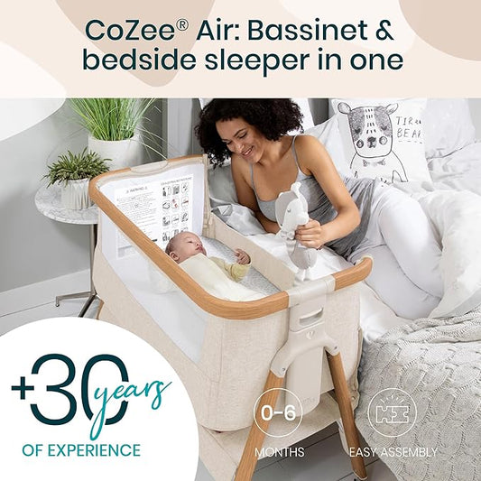 Tutti Bambini CoZee® Air Baby Bassinet & Bedside Sleeper - Rocking Bassinet for Baby, Fast-Folding with Travel Bag, Deluxe Airflow Mattress & 6 Mattress Heights, 0-6 Months (Walnut & Ecru)
