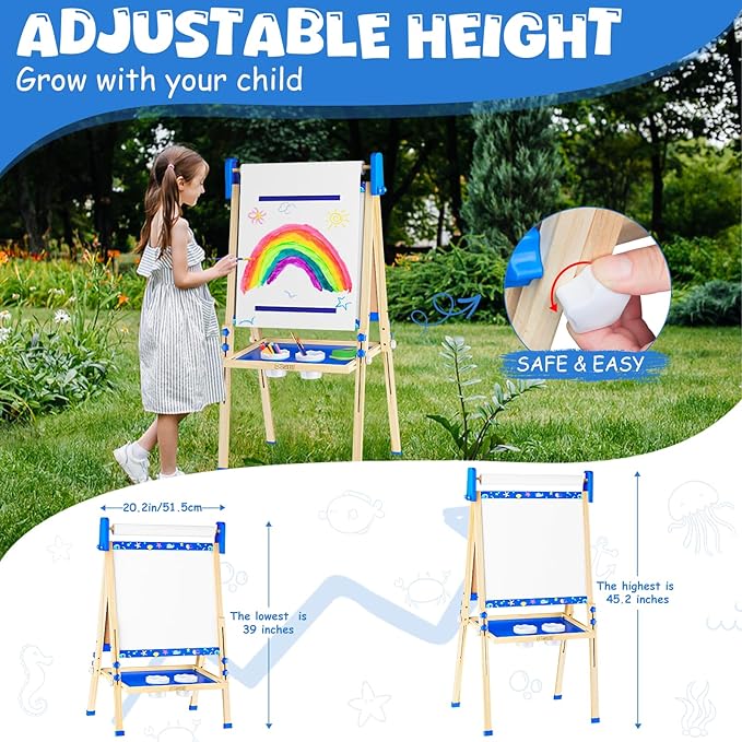 Easel for Kids Toys,Toddler Art Easel, Boy Toys for Ages 5-7,Adjustable Wooden Magnetic White Board and Chalk Board with Art Supplies, 4 5 6 7 8 9 10 Year Old Boys Birthday Gifts