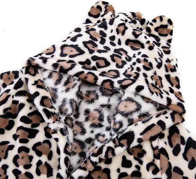Kids Toddler Cartoon Hooded Plush Robe Leopard Pajamas Fleece Bathrobe Children Sleepwear
