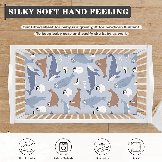 Cute Arctic Animals Fitted Crib Sheet for Boys Girls Seal Penguin Walrus Whale Albatross Baby Sheet for Standard Crib and Toddler Nursery Bed Mattress Sheets 28"x52"